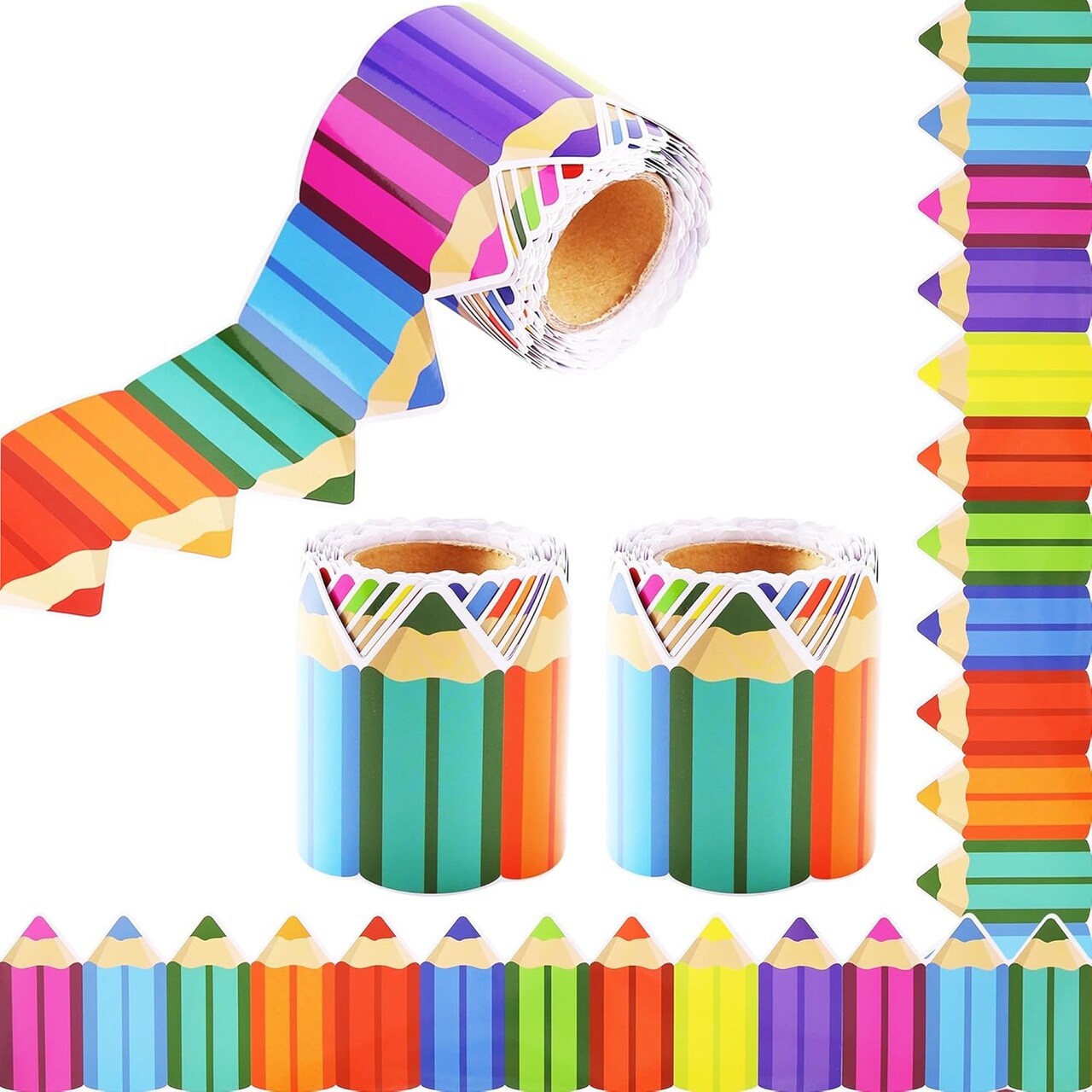 65.6-Ft Crayon Bulletin Board Borders – 2-Pack Die-Cut Rainbow Border Trim Rolls for Classroom, School, Office, and Wall Decorations – Durable & Easy-to-Cut School Supplies